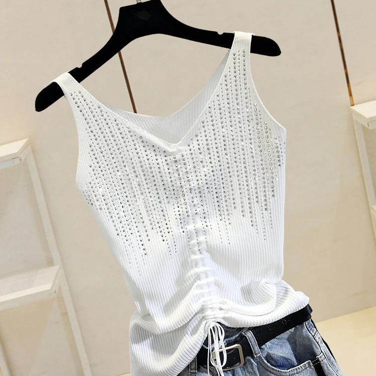 Summer New Fashion Camisole Tanks T Shirts Women Heavy Ironing Hot Drilling Knitting Tops Underwear Inner Female Base Top | Женская