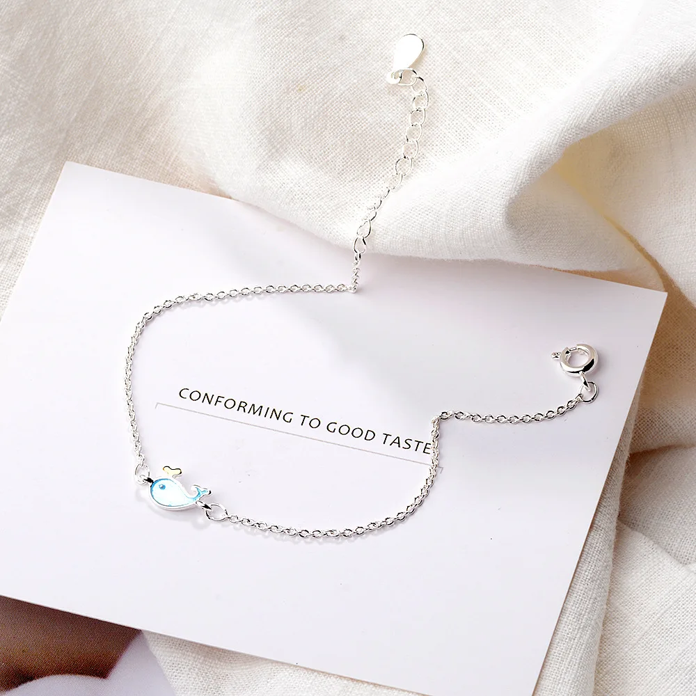 Милый маленький кит синий Дельфин 925 Стерлинговое Серебро Браслеты для женщин