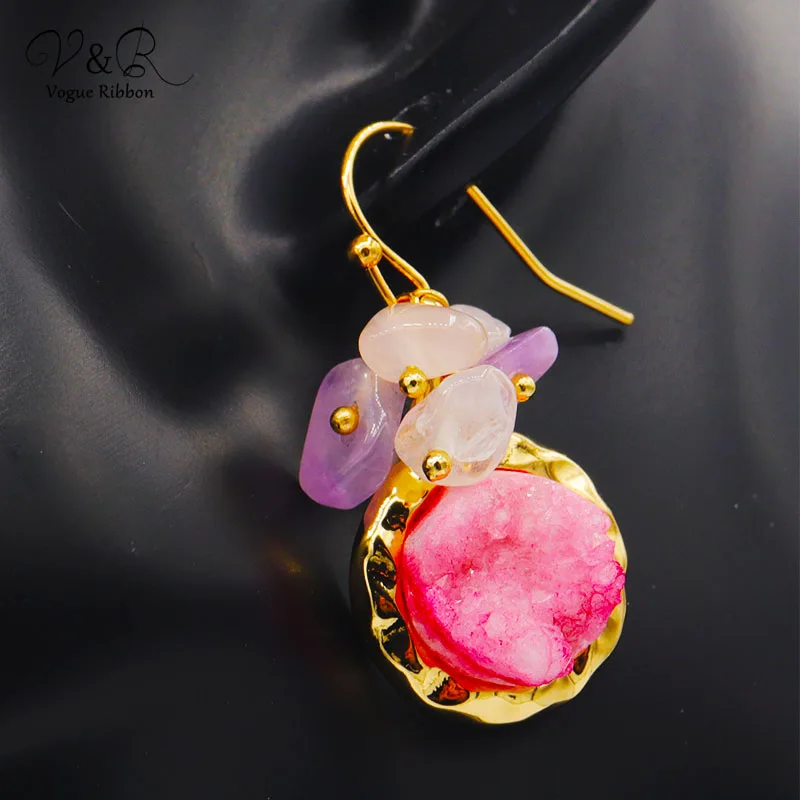 Синие розовые натуральные Подвески Друза кварцевые серьги-капли серьги с