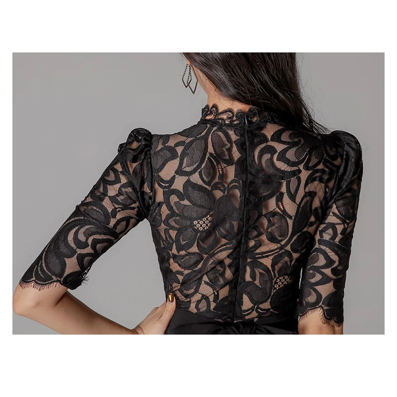 

Turtleneck Lace Dress Ladies New Office Workwear Back Bowtie Slim Fit Half Sleeve Bodycon Dresses New Spring Summer D12301X