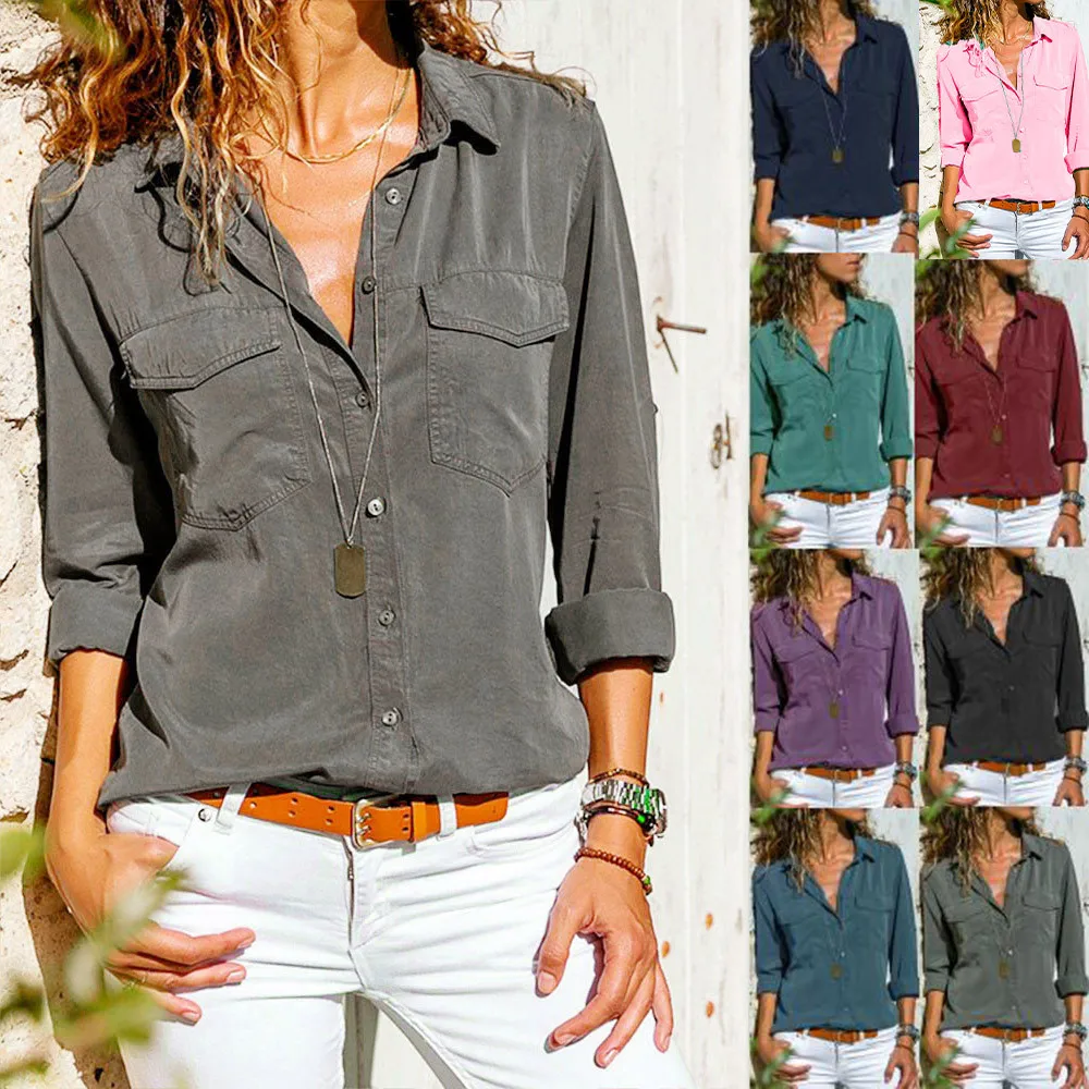

Women Turn-down Collar Shirts Casual Solid Color Pockets Button Tops Long Sleeve Fashion Plus Size Shirts Ropa De Mujer