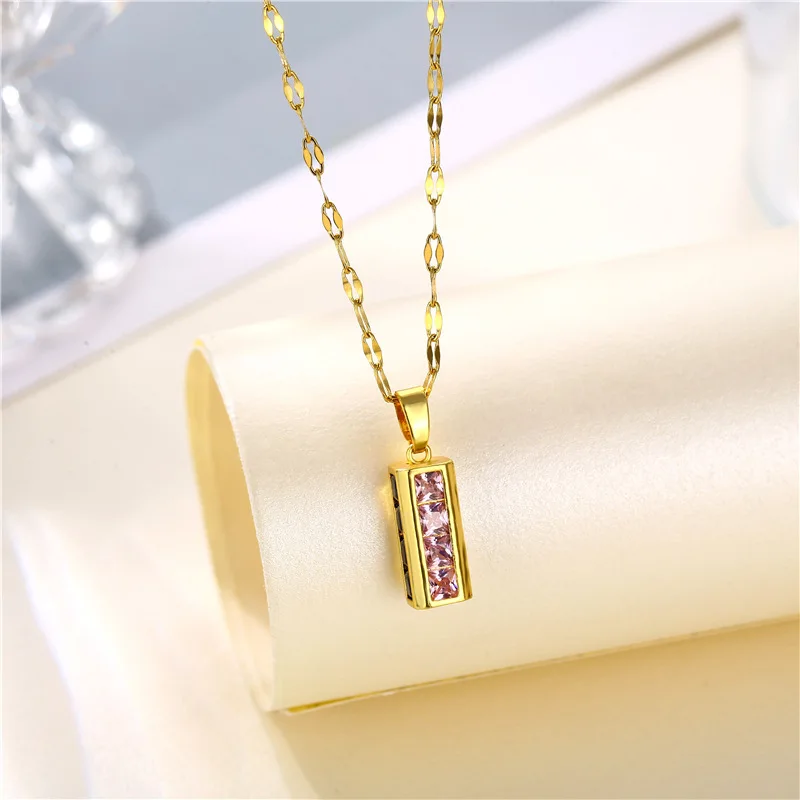 

Simple Sexy Pink Zircon Crystal Geometry Rectangle Pendant Women Necklaces No Fade Stainless Steel Jewelry Female Birthday Gift