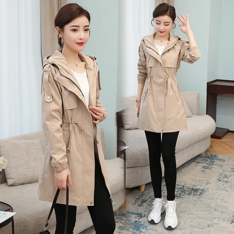 Тренчкот женский с капюшоном Длинная Верхняя одежда на молнии карманами кулиске