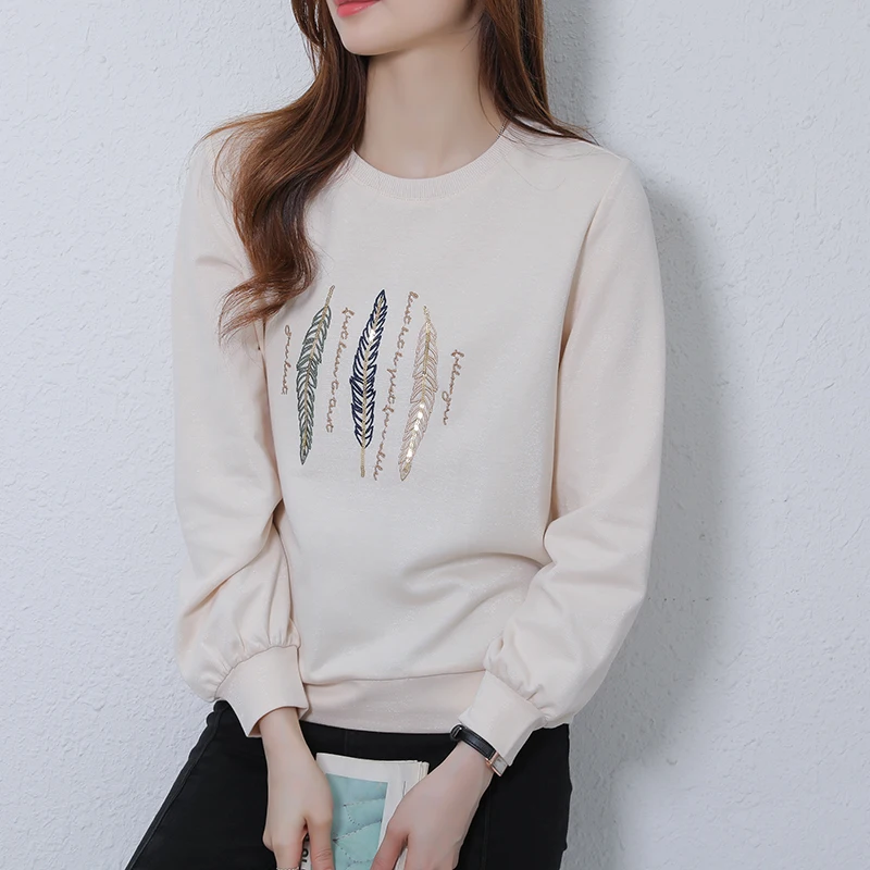 

2021 New Autumn Fashion Temperament Blouse Women's Age-reducing Hair Beads Patch Embroidered Pullover Round Neck Sweater DK1443