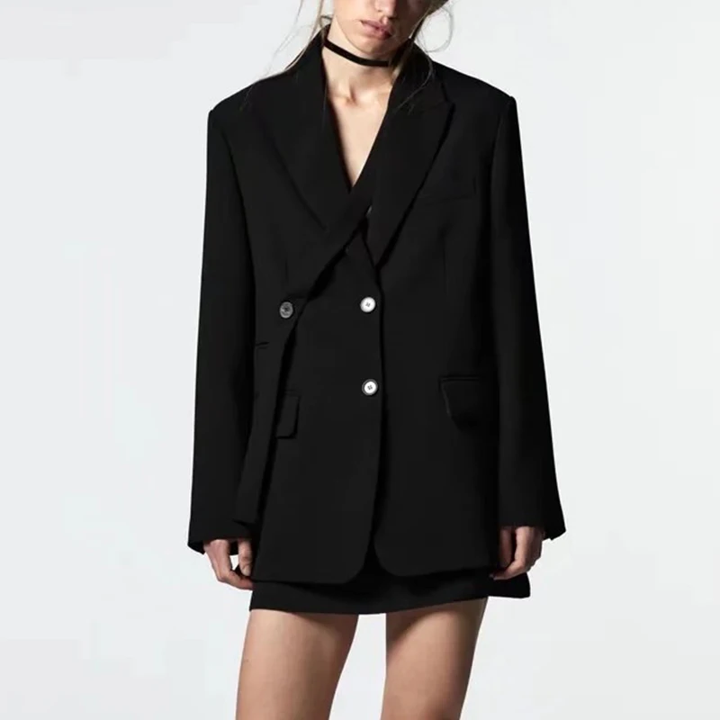 

Женский двубортный Блейзер WXWT Za, Элегантная черная куртка с длинным рукавом и английским воротником, модная офисная верхняя одежда
