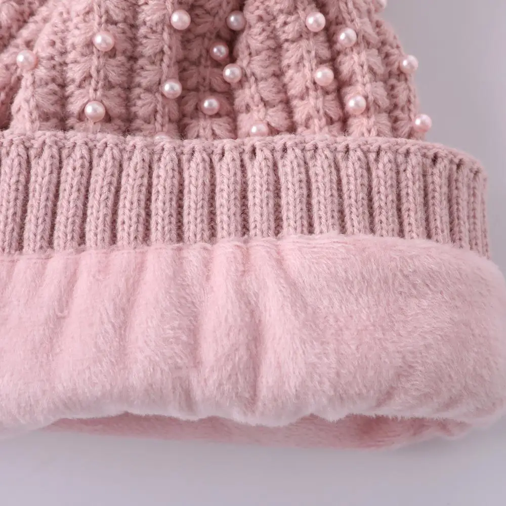 

Fashion Winter Pearl Fur Pompom Beanies Knitted Women Hat Yellow Warm Thick Black White Pink Skullies Beanies Hat