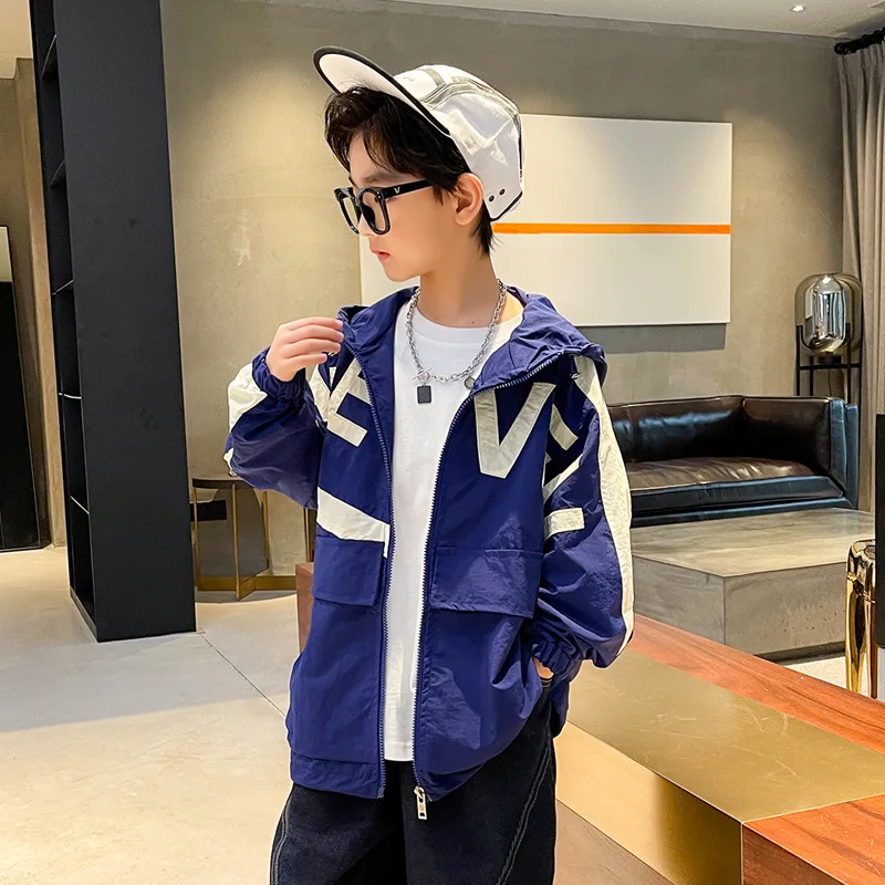 

Boys Spring Autumn Jacket Kids Sport Hooded Windproof Caot Teen Fashion New Contrast Color Letter Outerwear 3 4 5 6 7 8 9 10 11y