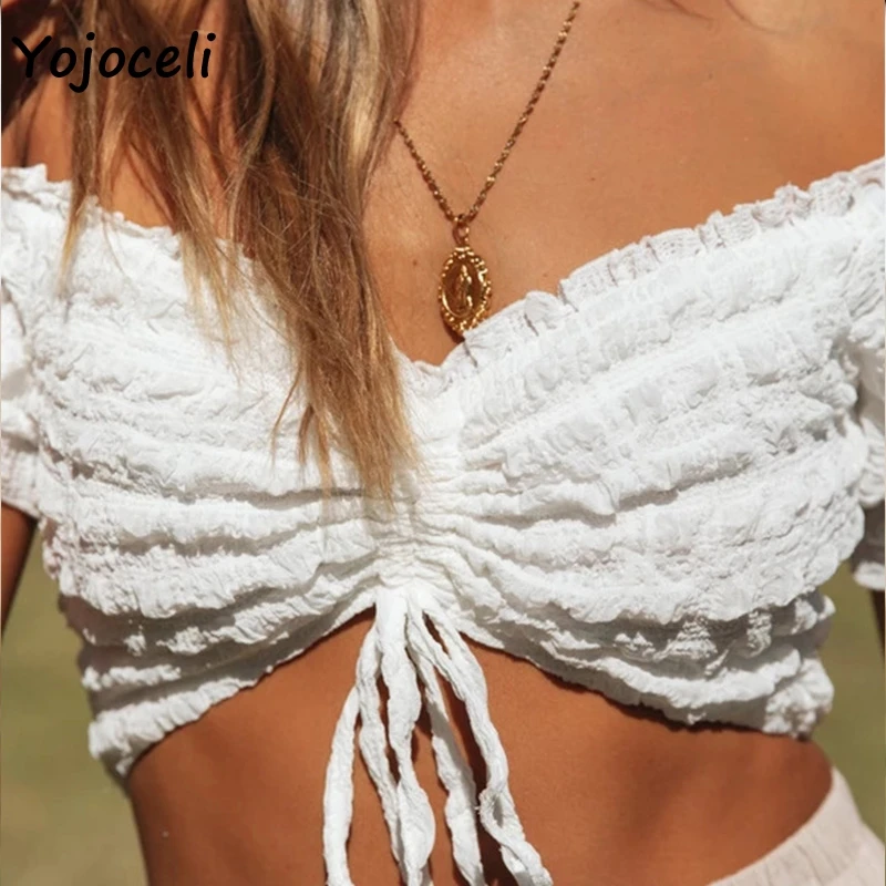 Сексуальные блузки Yojoceli с открытыми плечами женские укороченные топы блузы |