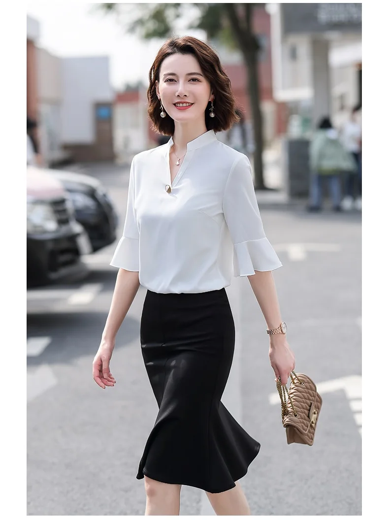 Летние модные женские Рабочие блузки и рубашки офисные комплекты из 2 предметов с