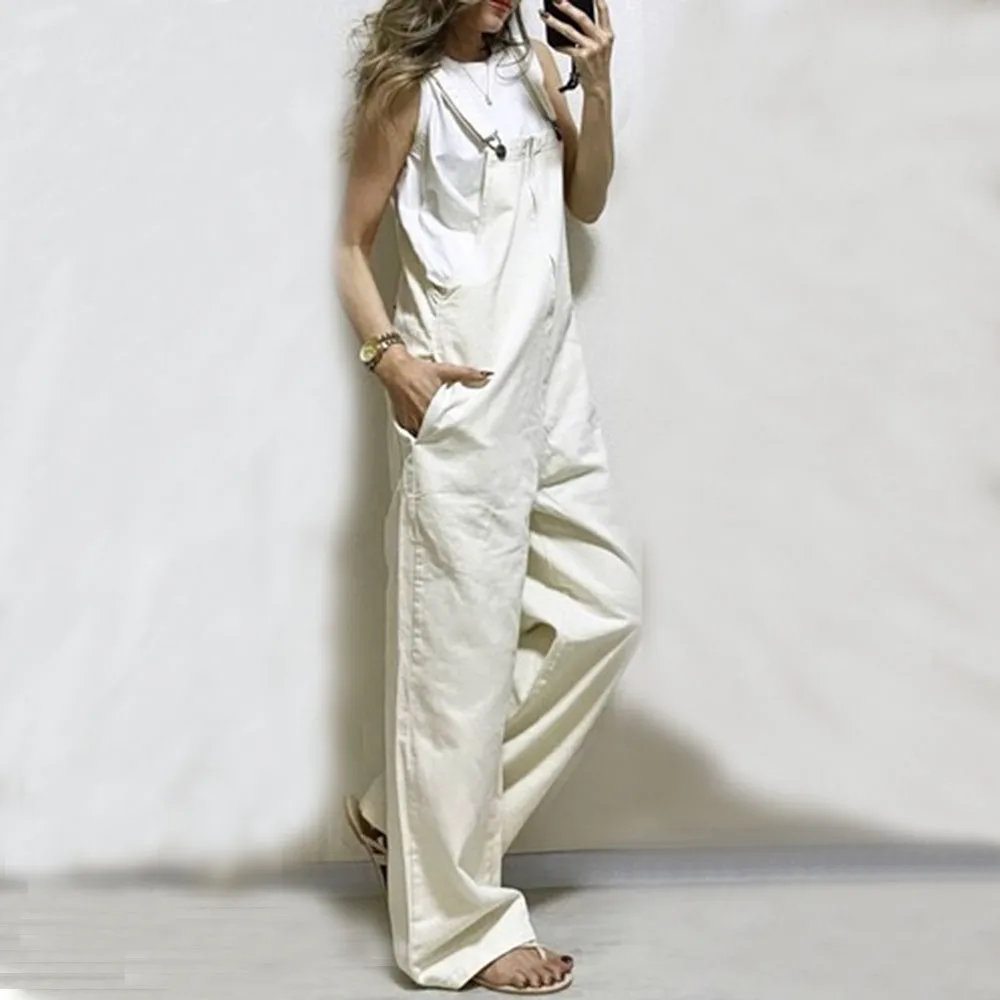 Korean Jumpsuit Women One Piece White Chic Full Length Micro-Elastic With Pocket Straight Loose Suit Casual Office Long Rompers |