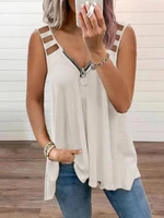women summer fashion zipper sexy hollow sleeveless t shirt solid color tank vest loose casual style v neck stripes new plus size