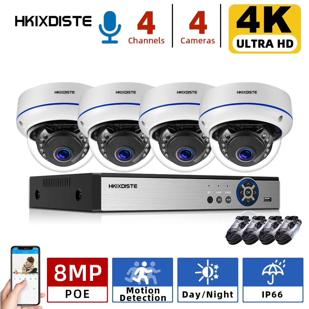 

4CH 8MP FHD POE Video Surveillance Cameras System H.265+ 8MP NVR With Outdoor Waterproof Security IP Cameras Audio Record