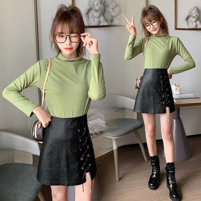 

Кожаная юбка, новый стиль, короткая юбка, темпераментная модная женская однотонная сексуальная юбка с высокой талией, повседневная черная ю...