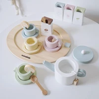 colorful wooden tableware toy set tea coffee cup spoons tray kitchen pretend role play developmental toy games