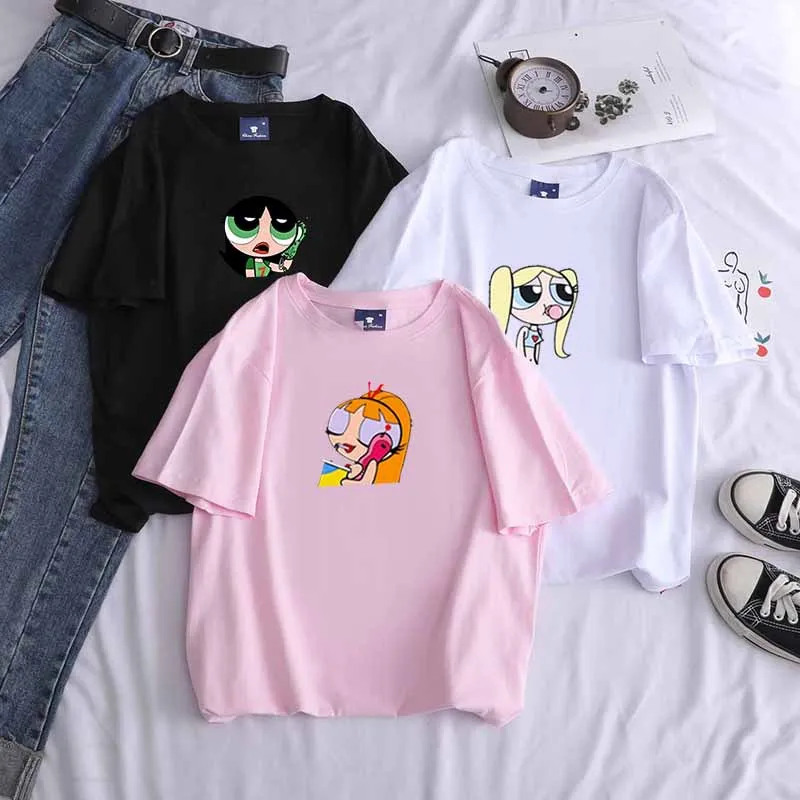 Летние повседневные женские футболки Ulzzang уличная футболка kawaii С мультяшным