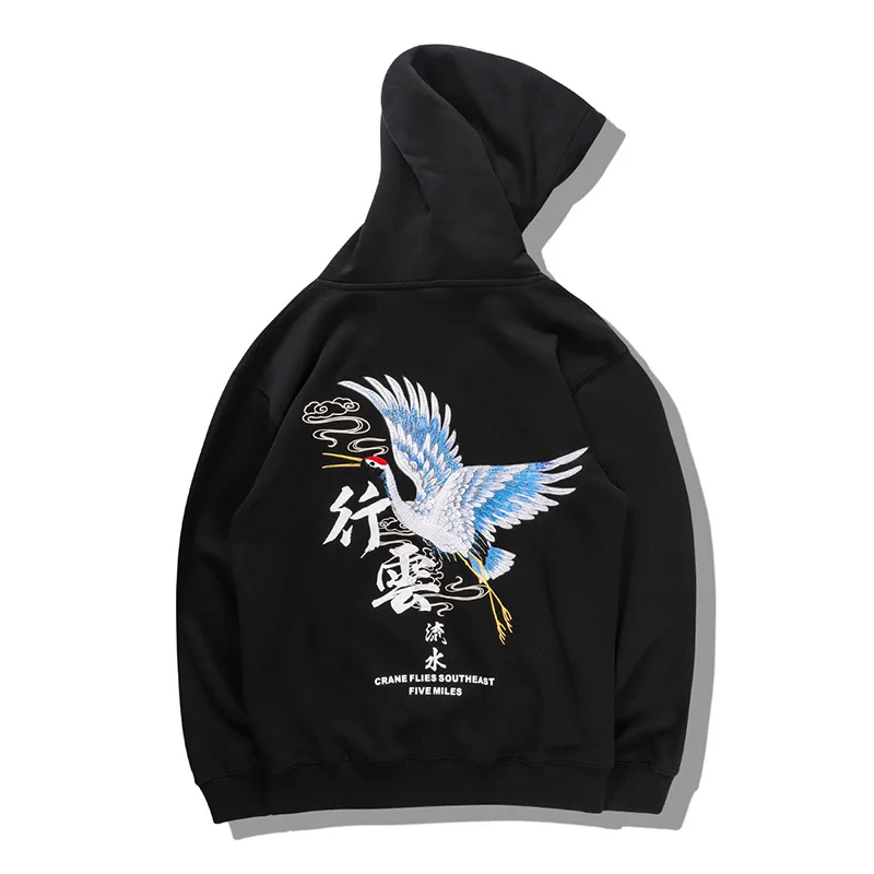 2019 черная толстовка с капюшоном в стиле хип-хоп мужская вышитым журавлем пуловер