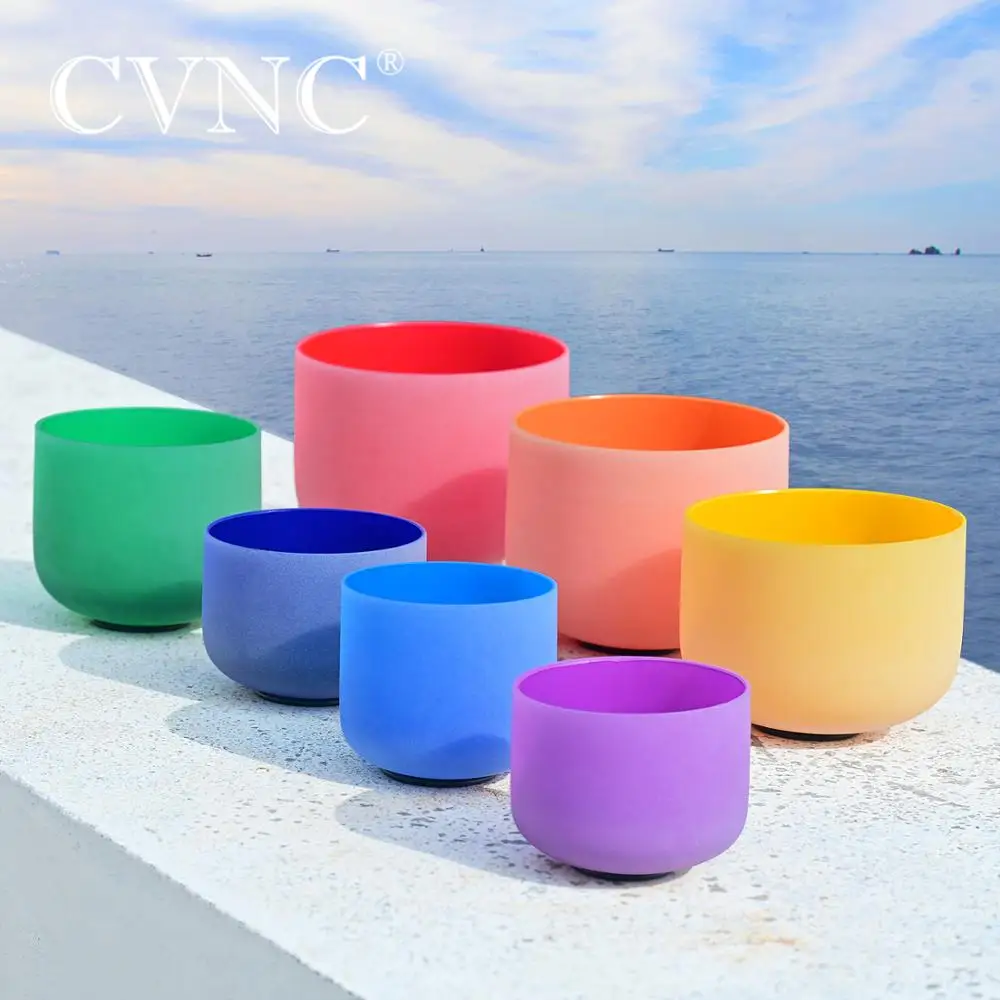 

CVNC 8" - 14" set of 7pcs Colored Frosted Quartz Chakra Crystal Singing Bowls