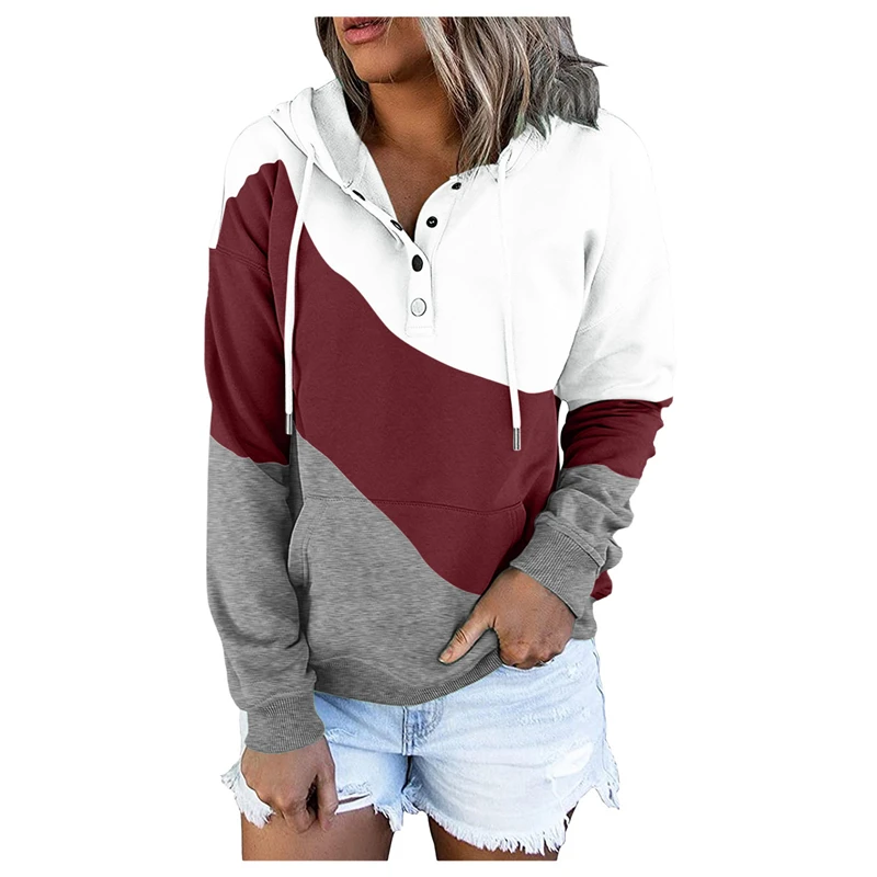 

Drawstring Hooded Pocket Hoodies Button Down Casual Pullover Tops For Women Long Sleeve V Neck Patchwork Print Sweatshirts
