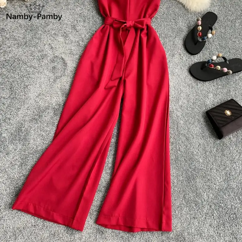 

Summer Women's Jumpsuit Pure Color V-neck Wide Leg Pants Beach Resort Style Sleeveless Waist Belted Vest Jumpsuit LL014
