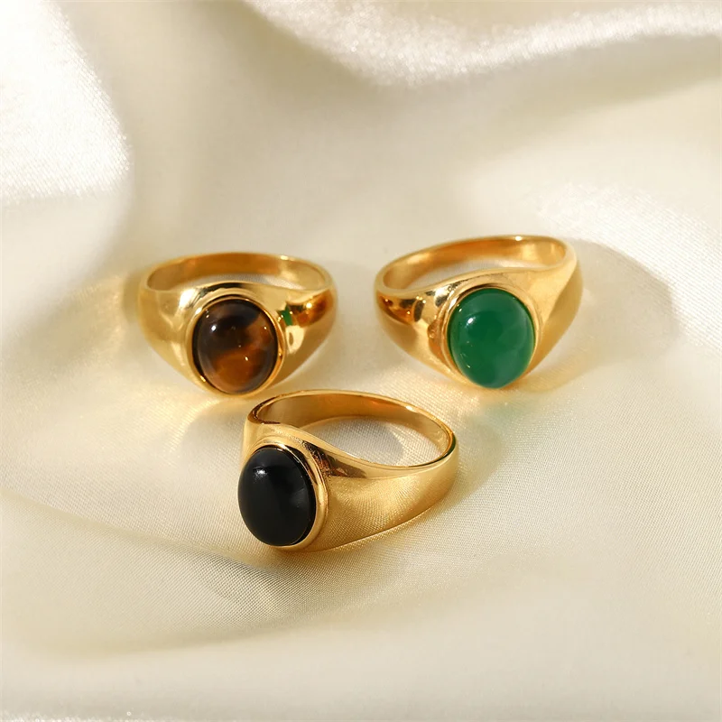 

Elegant Vintage Stainless Steel Rings For Women Bohemia Oval Tiger Eye Stone Obsidian Engagement Wedding Rings Jewelry Gift
