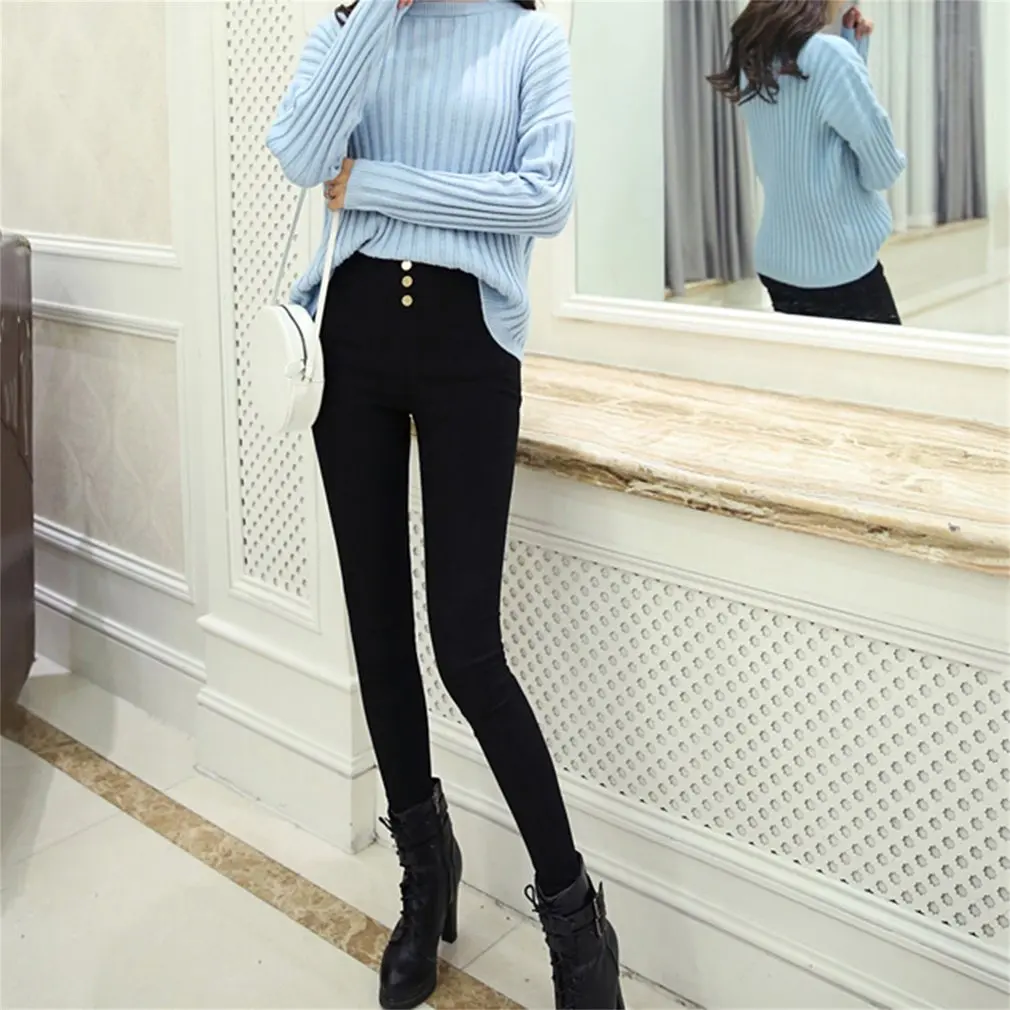 

Summer women's High Waist with 3 Button Decoration skinny Ankle-length Bottoming Pants Pencil Pants Legging Fashion Skinny Pants