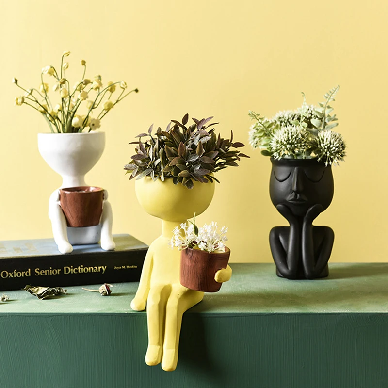 

Hands Ceramic White Vase Character Portrait Flower Pot Sculpture Vase Abstract Character Succulents Plant Micro Landscape Decor