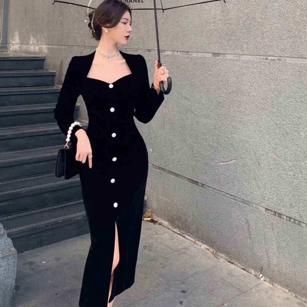 Женское вельветовечерние платье элегантное винтажное черное во французском