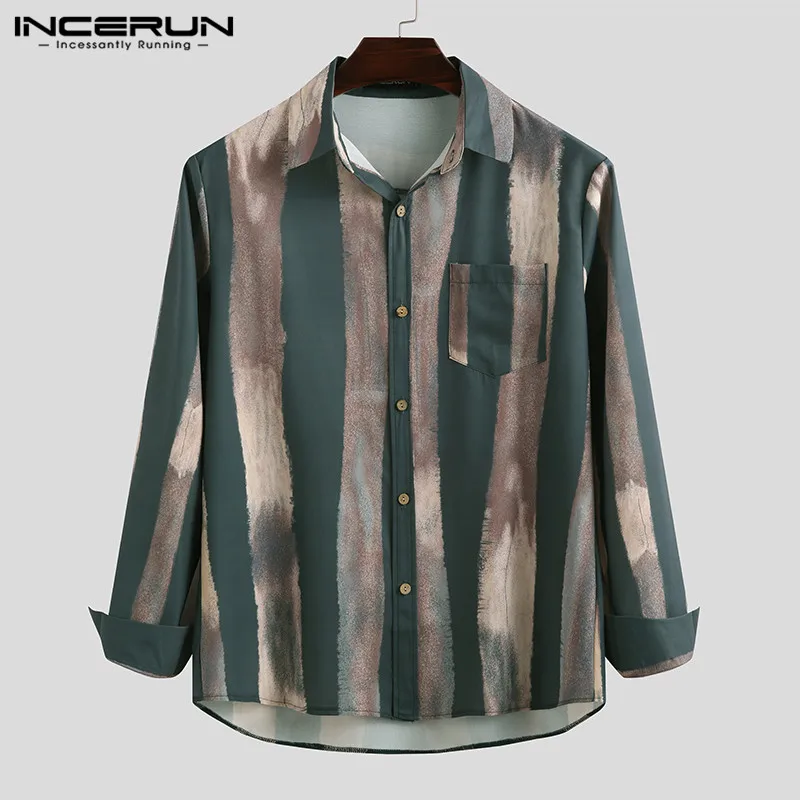 

Men Striped Long Sleeve Shirt Turn Down Collar 2021 Button Streetwear Fashion Casual Shirts Autumn Leisure Brand Camisas INCERUN