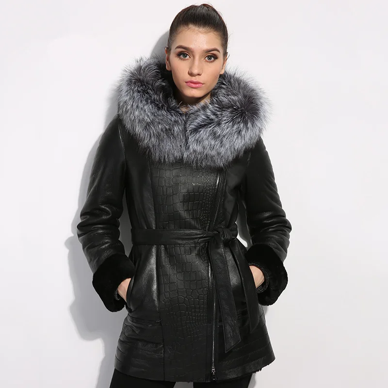 

leather coat Sheepskin jacket made genuine leather with a hood made of silver fox fur leader sales is 2020 winter jackets belt