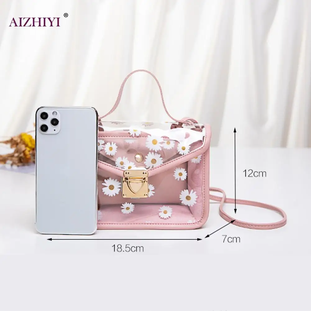 

2pcs/Set Chic Portable Classic Texture Creative Design Women Daisy Shoulder Handbags Clear PVC PU Flower Totes Bag