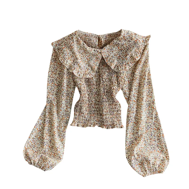 

Small fresh age reducing sweet baby collar short ear side chiffon shirt women's spring pleated slim bubble sleeve top