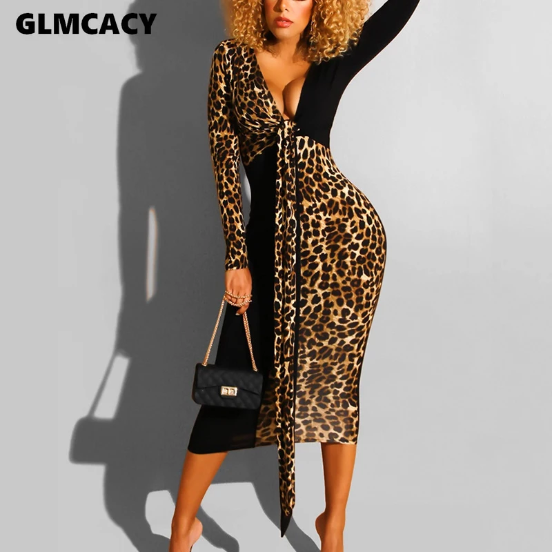 Женское облегающее платье макси с длинным рукавом и леопардовым принтом|Женские