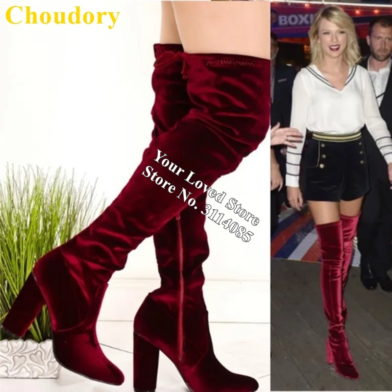 Choudory Wine Red Crushed Velvet Over The Knee Boots Chunky Heels Thigh High Luxury Women Dress Shoes Dropship | Обувь