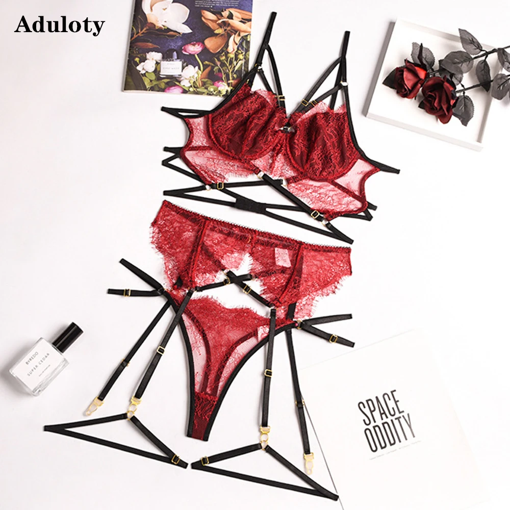 

Aduloty Sexy Women's Lingerie Eyelashes Lace Thin See-Through Burgundy Erotic Underwear Underwire Bra Garter Ring Thong Set