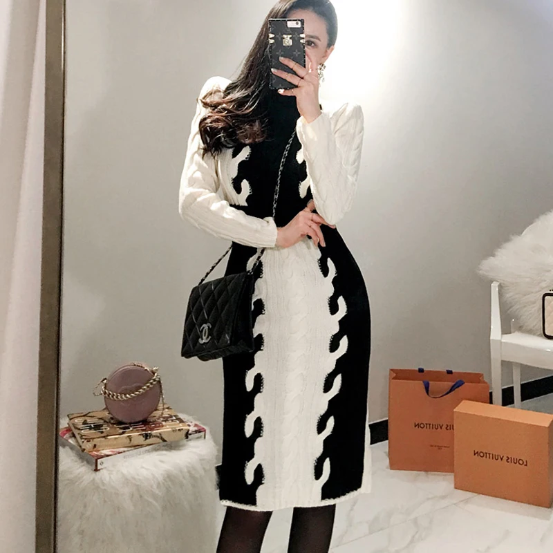 

Winter New Temperament Of Han Edition Cultivate One's Morality In Long Knitting Color Matching Hip Sweater Dress Female Fashion