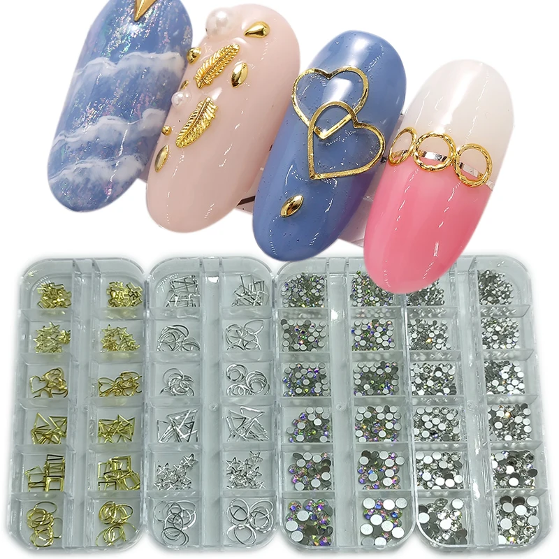 Набор из 12 ячеек Стразы для дизайна ногтей Смешанные Круглые Кристальные золотые и аллерские заклепки Смешанная Форма 3D дизайн ногтей своими руками декоративные