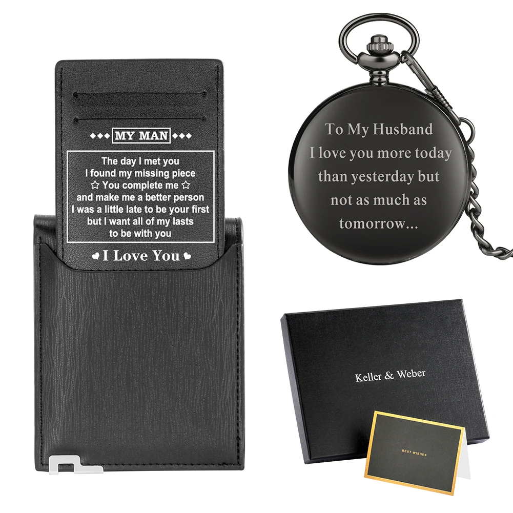 Practical Gift Set To My Husband To My Man Exquisite Quartz Pocke Watch Pandent White Dial Soft Durable Wallet Leather Present