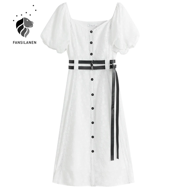 

FANSILANEN White embellished polka dot dress Women puff sleeve elegant chiffon long dress Vintage summer beach boho sexy dress