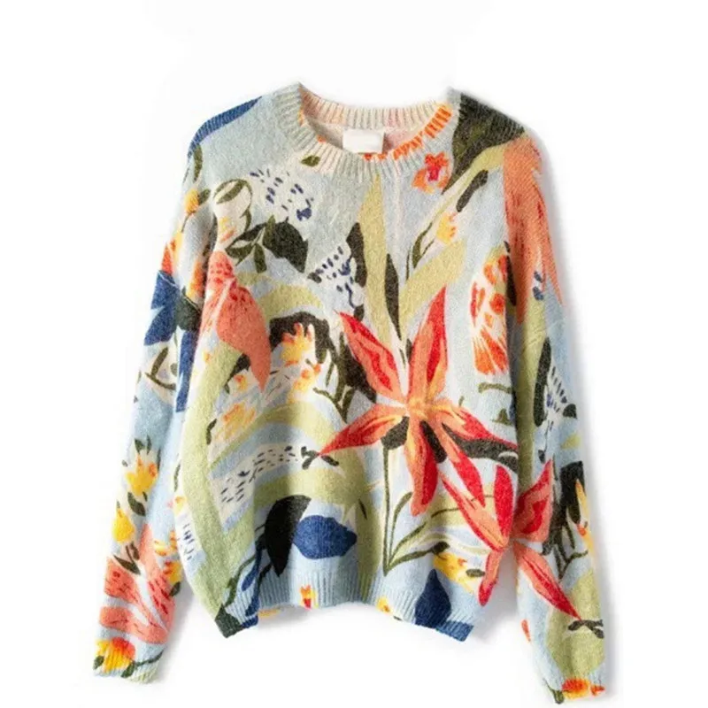 

KMS Autumn and winter new French oil painting color printing mohair wool sweater lazy pullover sweater