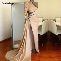 sevintage crystal beaded mermaid evening dresses high neck slit prom party gowns satin pleats women special occasion dresses