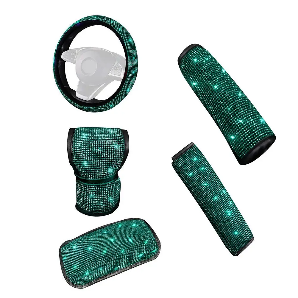 

Car Emerald Steering Wheel Cover Handbrake Gear Shoulder Armrest Seat Belt Cover Emerald Hot Drill Bling Drop Shipping Hot