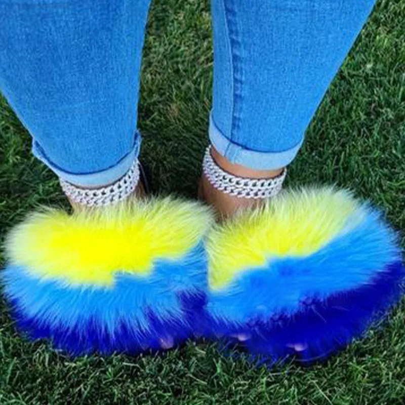 

Woman Fall Spring Furry Slides Fluffy Sandals Raccoon Shoes Fuzzy Slippers Fur Flip Flops Fox Fur Slide Rainbow Designer Sandal