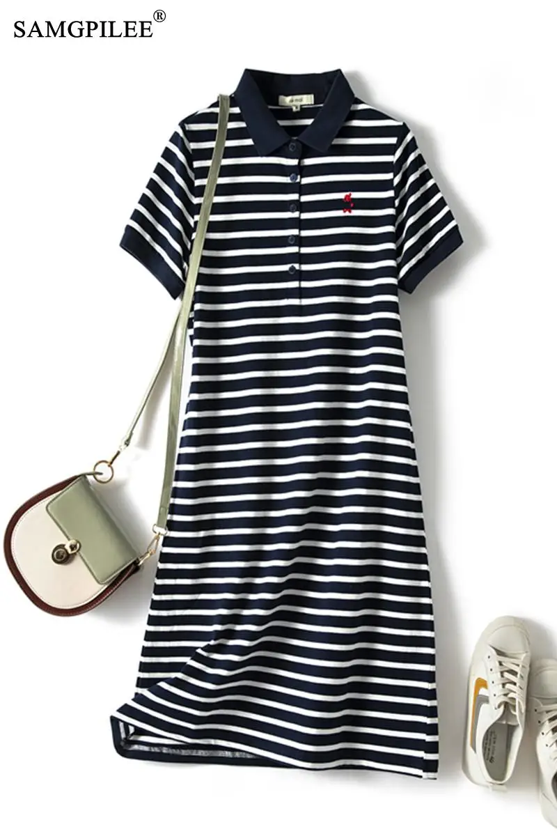 

Summer Dresses For Women 2021 New Fashion Polo Collar Cotton Striped Slim Thin Striped Plus Size Casual T-shirt Dress Woman 3XL