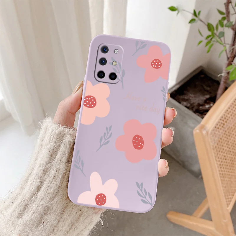 

Pink Flowers Camera Lens Protect Case For Oneplus 8t 9 9pro 9r pro Square Ultra Thin Shockproof Soft Liquid Silicone Phone Cover