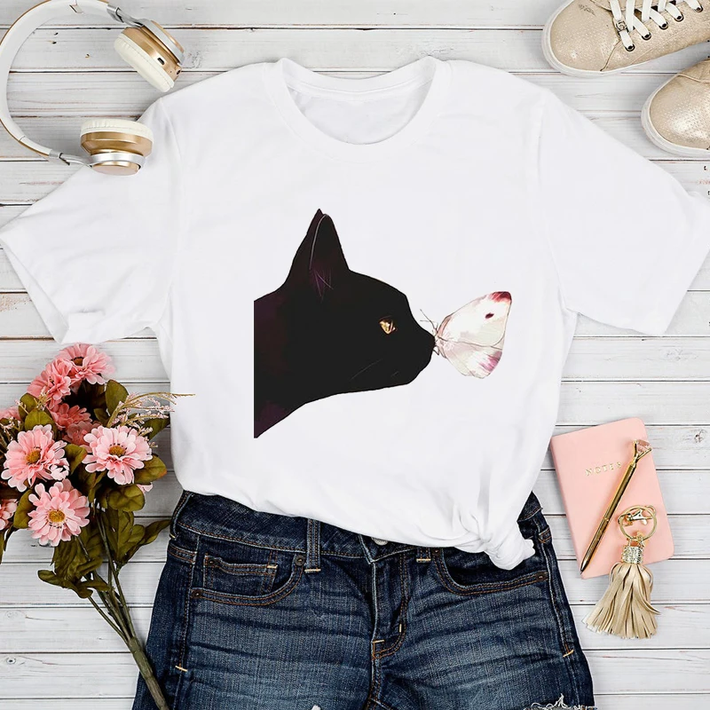 

T-shirts Women Cat Face Lovely Fashion Funny 90s Style Spring Summer Tshirt Top Lady Graphic Female Print Clothes Tee T-Shirt