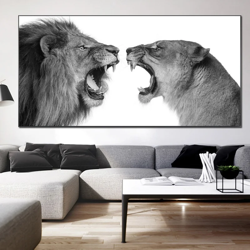 

Black And White Lion Lover Eye To Eye Posters And Prints Canvas Painting On Wall Art African Wild Animal Picture For Living Room