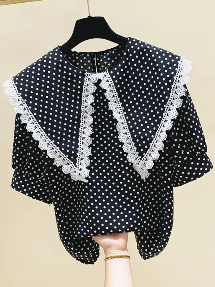 

Lace Stitching Doll Collar Polka Dot Short Sleeve Chiffon Shirt for Women Summer Blouse Blusas Mujer De Moda 2021 Nancylim