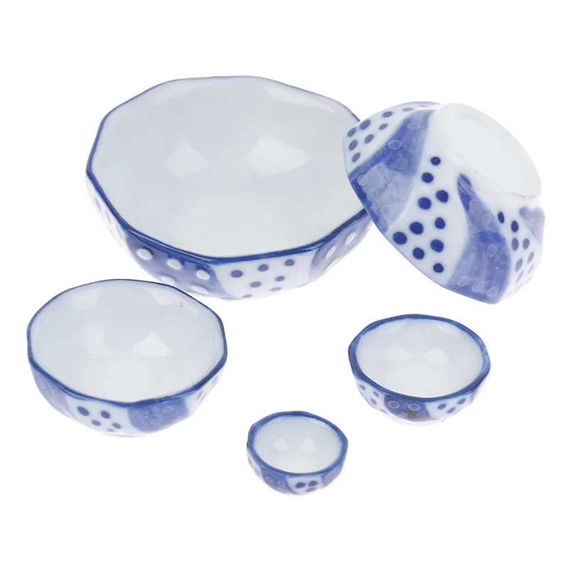 

5 шт. миниатюрный кукольный домик синяя и белая керамика рисовые миски классическая кухня ролевые игры игрушки для детей подарок для детей