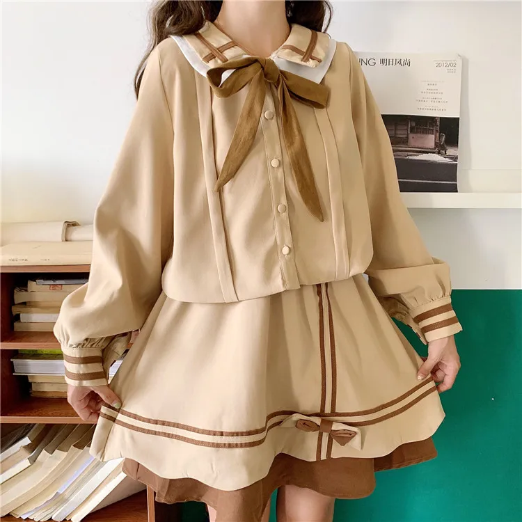 Japanese school uniform anime sailor suit top and skirt JK navy style female long sleeve | Тематическая одежда и униформа