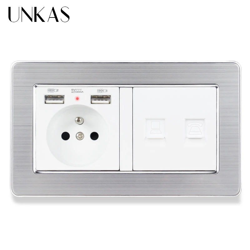 Французская стандартная розетка UNKAS с панелью из нержавеющей стали 2 USB-портами +